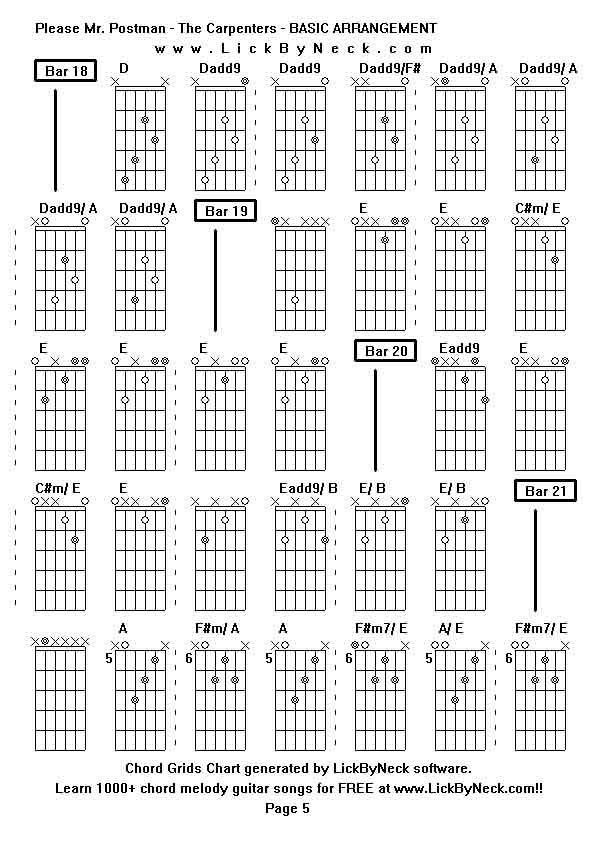 Chord Grids Chart of chord melody fingerstyle guitar song-Please Mr Postman - The Carpenters - BASIC ARRANGEMENT,generated by LickByNeck software.